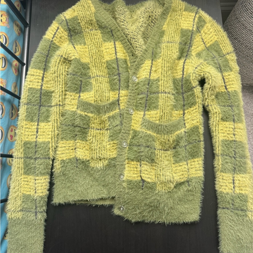 Plaid Fuzzy Sweater - Green and Yellow